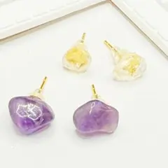 天然石ピアス2ペアセット｜アメジスト 水晶 小ぶり シンプル つけっぱなしOK