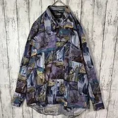 【総柄シャツ☆レーヨン】長袖シャツ☆レトロ☆ダークカラー☆L相当