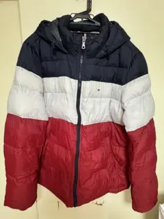 ダウンジャケット XL フード付き ネイビー/ホワイト/レッド