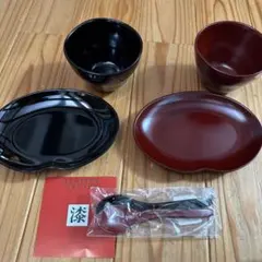 越前漆塗り食器セット 黒赤 椀と皿とスプーン