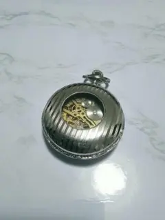 動作未確認 懐中時計 スケルトン シルバーカラー ハンターケース