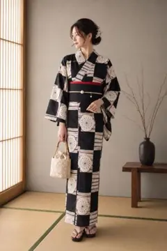 大人浴衣単品幾何学柄黒白ホワイトブラック木綿洗える着物単衣着物女モノトーン 大人浴衣単品幾何学柄黒白ホワイトブラック木綿洗える着物単衣着物女