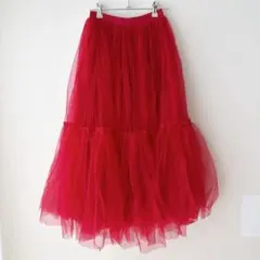 美品 チュールスカート ロングスカート ロング フレア チュール 赤 レッド