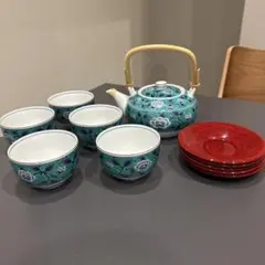 【未使用】有田焼 茶器セット グリーン濃 唐草牡丹 急須・湯呑5客 おもてなし