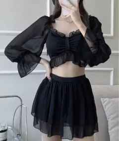シフォンフリル付きクロップドセット 黒 水着