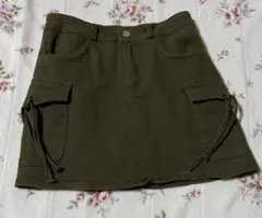 即発送 両サイドポケット リボンデザイン　カーゴミニスカート デニムスカート 緑