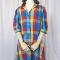 used フリーサイズ チェック柄 膝丈 半袖 ワンピース ウエストゴム