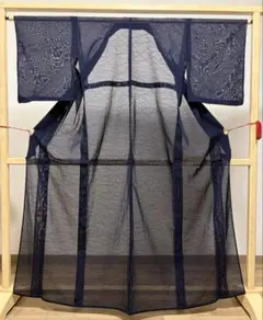 A5夏物 縦縞 クリンクル加工 藍色 絽 紗 薄物 綿ポリ 無地 着物 K197 