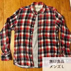 無印良品 赤 ネイビー マドラスチェック柄 ダブルガーゼ 長袖シャツ L
