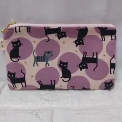フラットポーチ ドット黒猫 パープル