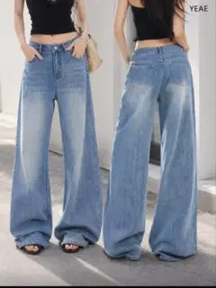 SHEIN 竹節コットンデニム ワイドパンツ ライトウォッシュ