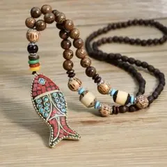 ウッドビーズ　ボヘミアン　フィッシュネックレス　民族