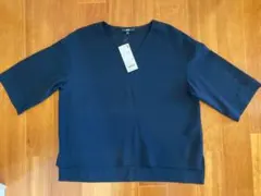 新品☆ユニクロ ドレープ Vネックブラウス ５分袖 S ネイビー プルオーバー