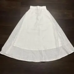 GRL シアーチェック ロングスカート S ホワイト フレア ウエストゴム