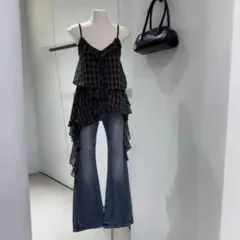 y2k グランジ　チェックフリルアシメミニワンピース　黒 キャミ