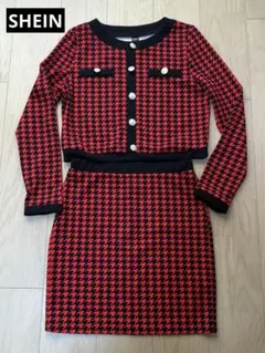 【美品】SHEIN 千鳥格子柄 セットアップ 長袖　ミニスカート　赤黒　金ボタン