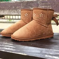 ★各サイズ3個限定、ビジュー付きショートムートンブーツ　キャメル【36/S】