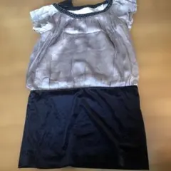 ベージュと黒のビーズ装飾半袖ワンピース