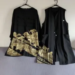 着物リメイク　黒のロングベストとワンピースチュニック　セットアップ　金色柄模様
