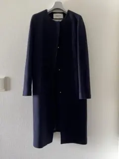 ネイビー ノーカラーコート ロング丈