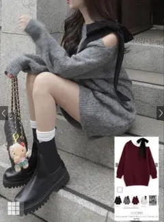 【新品未使用】ワンショルダーベロアリボンニットミニワンピース[dr796]