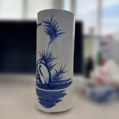 青花 花瓶 鳥 松 染付 陶器 円筒型 和風 花入れ インテリア