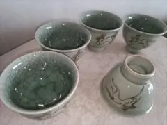 大堀相馬焼　陶徳窯　左馬　青ヒビ　湯飲み5客セット
