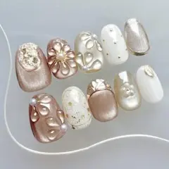 V207 ネイルチップ マグネット ブラウン ベージュ ぷっくりフラワー