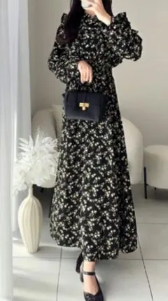 新品未使用 mily bilet ロングワンピース 花柄 ブラック LLサイズ