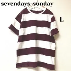 sevendays=sunday Tシャツ　ボーダー　半袖　ゆるだぼ　えんじ　Lのサムネイル