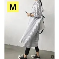シャツワンピース　ストライプ ロング M 長袖　スリット　レディース　マタニティ