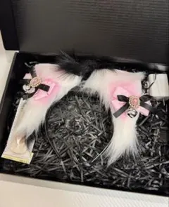 充電式 可動 猫耳カチューシャ ブラック×ホワイト リボン付き（取り外し可能）