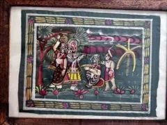 値下げ/インド民俗絵画ミティーラ画「生命の樹」ガラス額装値下げ応談可