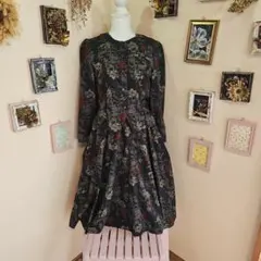 昭和レトロ ヴィンテージセットアップ 風の花柄ダークグレー長袖ワンピース