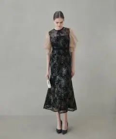 Leja スパンコールフラワーリボンチュールワンピースドレス