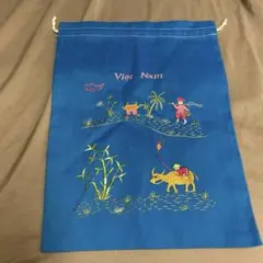 ベトナム 刺繍 巾着袋 ポーチ ブルー