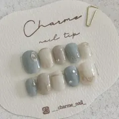 現品　No.55 ネイルチップ　ニュアンス　ブルー　ホワイト　パールのサムネイル