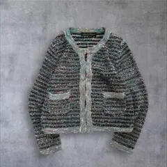 Vintage風 ミックスカラー ニットジャケット ツイード調 カーディガン