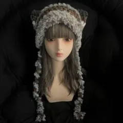 66ハンドメイド　猫耳ニット帽　茶猫風　紐付き　ふわふわ　ブラウングレー