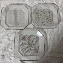 【昭和レトロ/当時物】 絵柄違い　金彩　ガラス製　角皿　八角皿　フルーツ皿　3枚