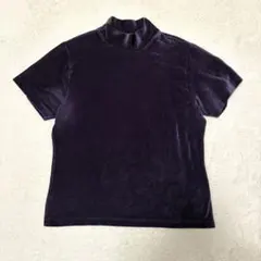 벨루어 톤 하이넥 반소매 탑스 XL 보라색 큰 크기 레트로 古着