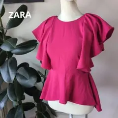 ZARA　ザラウーマン　とろみ素材　へプラムブラウス　マゼンタピンクのサムネイル