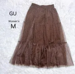【GU】チュールスカート レオパード柄 重ね ウエストゴム ロング丈 透け感 M