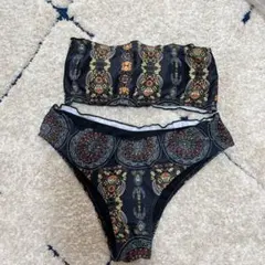 【S】 ブラック ボヘミアン ペイズリー バンドゥ ビキニセット 紐調整