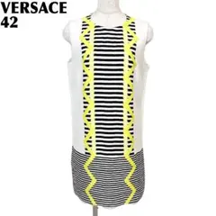 【美品】 VERSACE ノースリーブワンピース 42 白×黄×黒 ボーダーのサムネイル