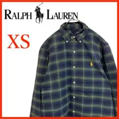 T4279*ラルフローレン*チェックシャツ*コットン*長袖*メンズXS*紺色系