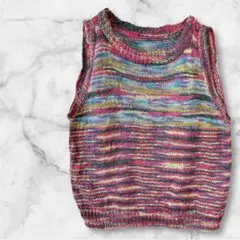 古着⭐️マルチカラーボーダーニット ベスト ノースリーブ 生地 リメイク