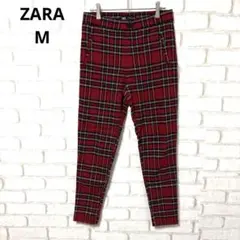 ZARA タータンチェックパンツ　ストレッチパンツ　チェック柄　赤　M