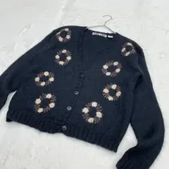 KNITKNIT モヘア　ニット　刺繍　カーディガン　黒　M