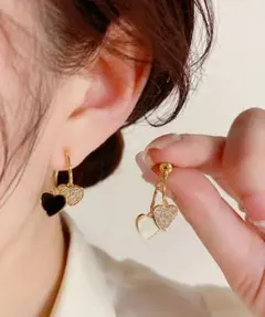 大人気 ピアス ジルコニア ハート 金属アレルギー対応 フープ 上品 ブラック